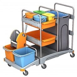 Reinigungswagen mit zwei Eimern 2 × 20 Liter, Presse, 2 Regale, 4 Eimer mit Deckel, 120 Liter Schutzsack Splast