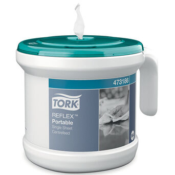 Dispensador de toallas de papel en rollo centralmente dosificado portátil Tork Reflex plástico blanco - turquesa