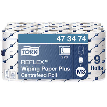 Paños de papel para suciedad moderada en rollo mini Tork Reflex, 9 unidades, 2 capas, 67 m, celulosa blanca + papel reciclado
