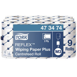 Paños de papel para suciedad moderada en rollo mini Tork Reflex, 9 unidades, 2 capas, 67 m, celulosa blanca + papel reciclado