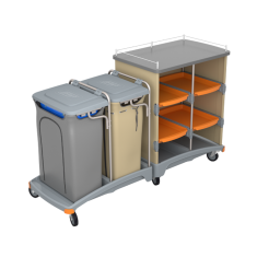Hotel trolley with shelves and a laundry bag and a garbage bag with Splast covers.