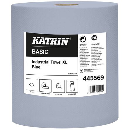 Paños de papel industriales en rollo Katrin Basic, 2 unidades, 360 m, 1 capa, papel reciclado azul