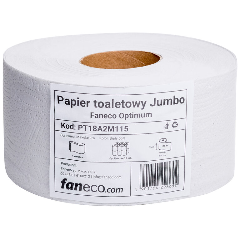 Toilet paper JUMBO Faneco Optimum 12 pcs. 2 layers 115 m length 18 cm diameter white cellulose + recycled paper