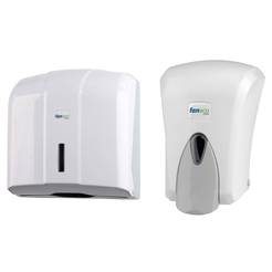 Set: manual paper towel dispenser and large liquid soap dispenser Faneco POP plastic white.