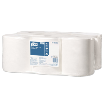 Universal 2-ply paper roll for central dispensing, 6 pieces, 148.5 meters long, made of white cellulose.