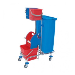 Cleaning trolley: 3 buckets, mop wringer, Roll Mop Splast chrome waste bag.