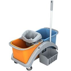 Reinigungswagen mit zwei Eimern 2 × 20 Liter mit Mop-Wringer, Zubehörkorb und Griff Splast