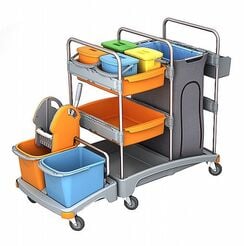 Reinigungswagen mit zwei Eimern 2 × 20 Liter, Presse, 2 Regale, 4 Eimer mit Deckel, 2 × Korb, 120 Liter Schutzsack Splast