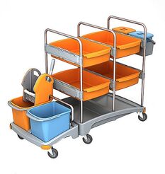 Reinigungswagen mit zwei Eimern 2 × 20 Liter, 2 Eimer 6 Liter, Presse, 4 Regale Splast