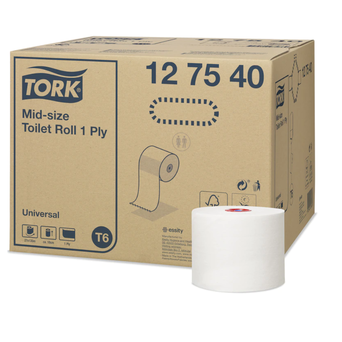 Tork toilet paper for dispenser with automatic roll change, 27 rolls, 1 ply, 100m, 13.2cm diameter, white recycled paper.