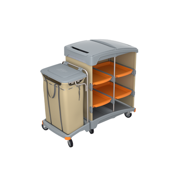 Hotel trolley with shelves and covers, as well as a laundry bag with a flap by Splast.
