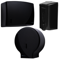 Public restroom accessories set: toilet paper dispenser, paper hand towel dispenser and liquid soap dispenser Faneco DARK plastic black