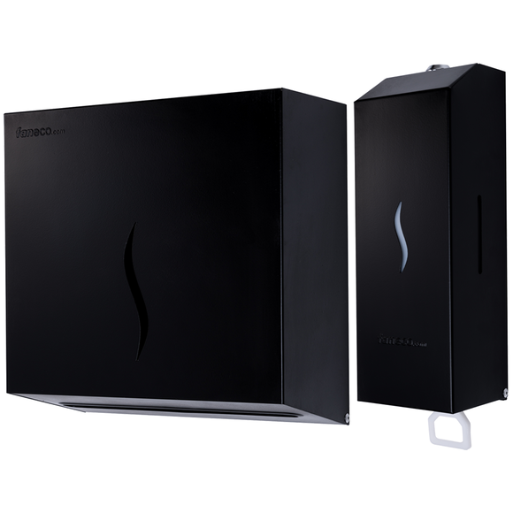 Wykonane z czarnej stali nierdzewnej dyspensery mydła i papierowych ręczników w składce przeznaczone do ogólnodostępnych łazienek