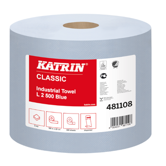 Industrial fiber cloth in a roll, Katrin Classic Industrial Towel L2, 2 pieces, 190m, 2-ply, blue recycled paper.