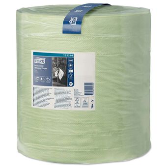 Tork 3-ply green paper wipers for industrial dirt and grime.