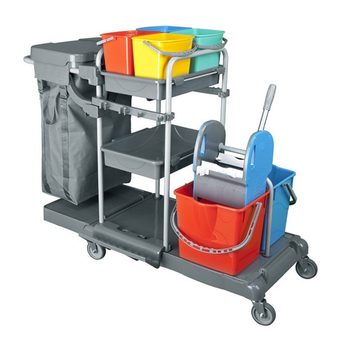 Cleaning trolley with brake: 2 buckets of 18 liters, 4 buckets of 6 liters, mop wringer, handle with cover for 120 liter bag, plastic frame.