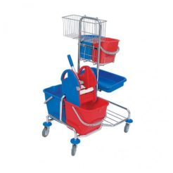 Carrito de limpieza: 4 cubos, exprimidor para fregona, 2 cestas Roll Mop Splast cromadas