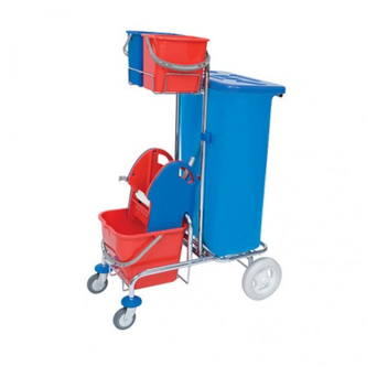 Cleaning trolley: 3 buckets, mop wringer, waste bag with Roll Mop Splast chrome cover.