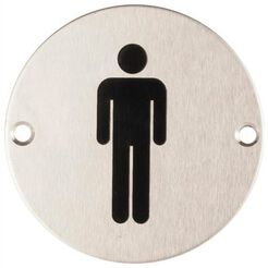 Značka mužského záchodu je kovová, kulatá a připevněná šrouby.