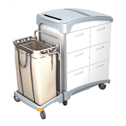 Hotel trolley with wooden drawers, laundry basket and Splast covers.