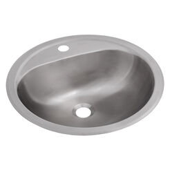 Round sink with a hole for a faucet, made of matte noble steel.