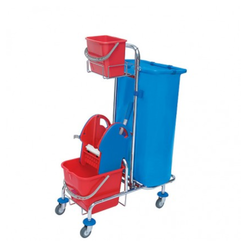 Čistička vozíků: 20litrový kbelík, 6litrový kbelík, vytlačovač na mop, chromovaný odpadkový pytel Roll Mop Splast