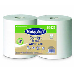 Bulkysoft Comfort De-Inked paper cleaning cloth in a roll, 2-ply cellulose + recycled cellulose, white.